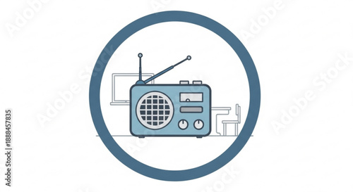 Vintage blue radio with antenna and grid speaker in a circle on white background with grey furniture