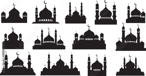 Collection of mosque silhouettes with domes and minarets