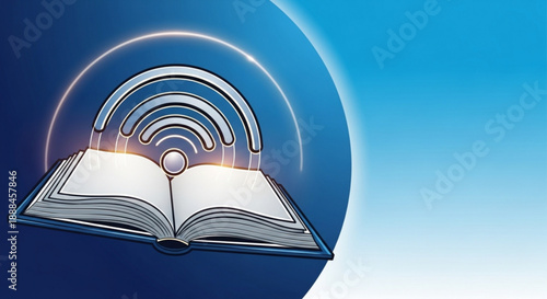 Open book with glowing padlock and wifi signal on blue gradient background symbolizing secure online learning and digital education