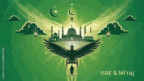 Majestic green-toned illustration of a mosque and eagle