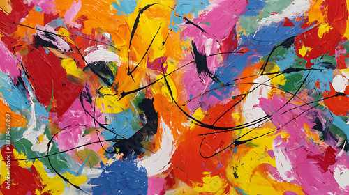 Chaotic Abstract Painting with Bold Colors and Black Splatters
