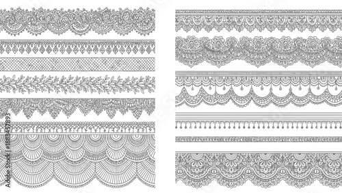 Collection of ornate black and white lace borders and decorative patterns