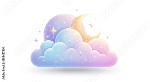 Whimsical pastel clouds with crescent moon and stars in night sky dreamy atmosphere soft lighting