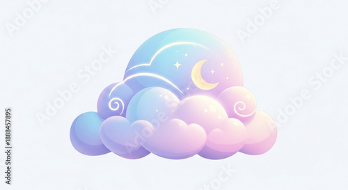 Whimsical pastel cloud formation with crescent moon and stars at night sky