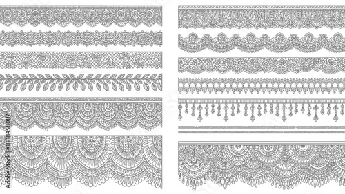 Intricate black and white lace borders and ornamental designs arranged in a grid