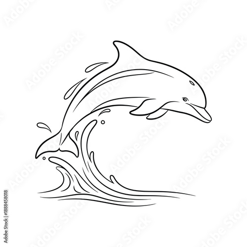 Black outline of a dolphin leaping out of stylized waves jumping water