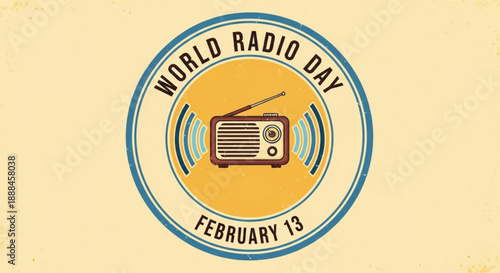World radio day emblem featuring vintage radio illustration on february 13 circular design with sound waves commemorative symbol for broadcasting and communication