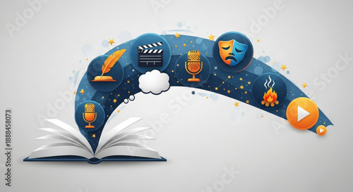 Creative ideas emerging from an open book with symbols of art media and communication on a grey background