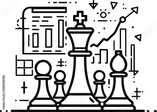 Clean line art illustration of strategic business planning with chess pieces and abstract charts, decision-making concept, monochrome vector