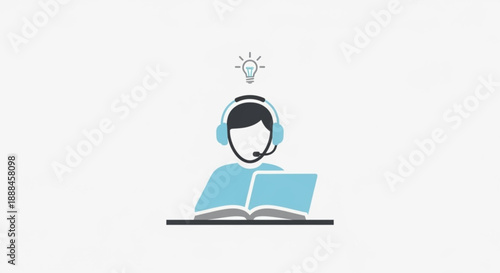Person wearing headset reading book with lightbulb above head symbolizing e learning and inspiration