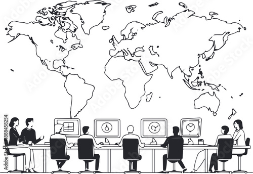 Clean line art illustration of remote business meeting across continents using digital screens, global collaboration concept 3