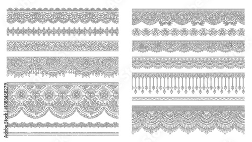 Intricate black and white lace borders and ornamental designs arranged in rows