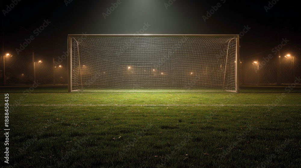 Fototapeta premium Soccer goal on a field at night, illuminated.
