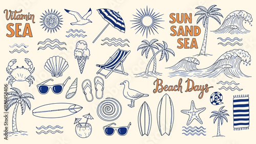 Summer themed doodles featuring beach elements sun waves ice cream and more
