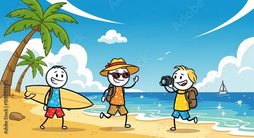 Three cartoon friends enjoying a sunny day at the beach with a surfboard and camera.