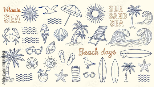 Hand drawn summer elements including beach items marine life and sun illustrations