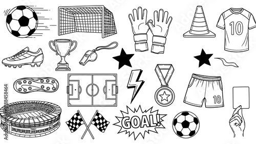 A collection of hand drawn soccer equipment including balls goals and accessories