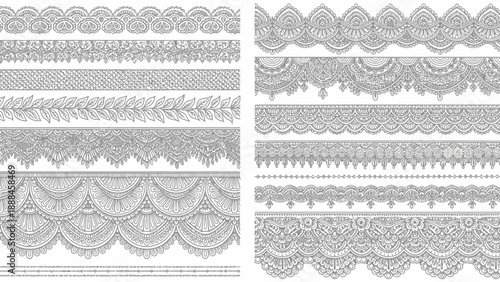 Intricate black and white lace patterns arranged in horizontal rows and columns