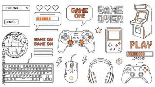 Gaming elements doodle set including controllers headsets and retro arcade machines