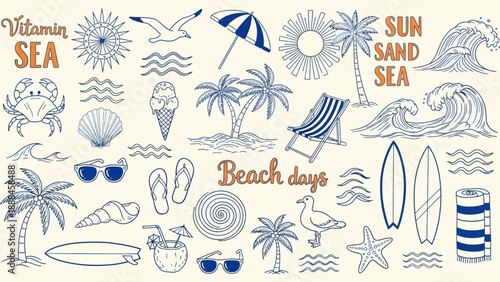 A collection of hand drawn summer icons including beach elements and seaside imagery