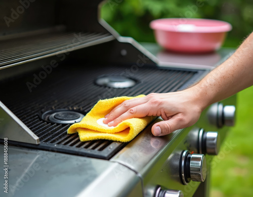 Man cleans stainless steel gas grill with yellow cloth. Keeping barbecue equipment tidy for summer cookouts. Outdoor cooking prep, maintenance. © Viktor