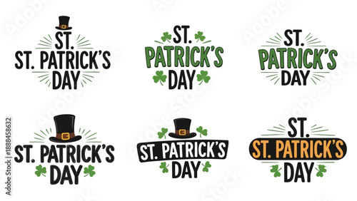St patrick s day typography collection with hats and shamrocks on white background