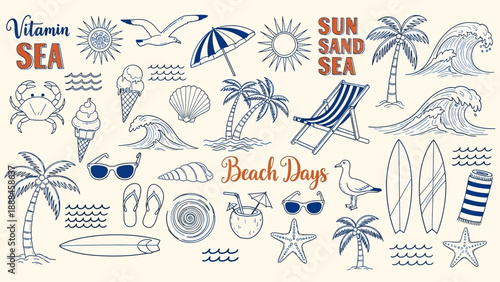 Summer beach doodles featuring sea life waves and vacation essentials