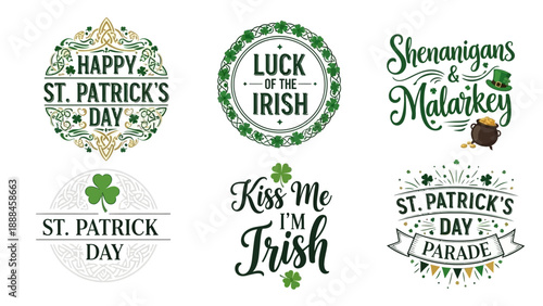 St Patrick s day themed graphics with festive text and clover illustrations