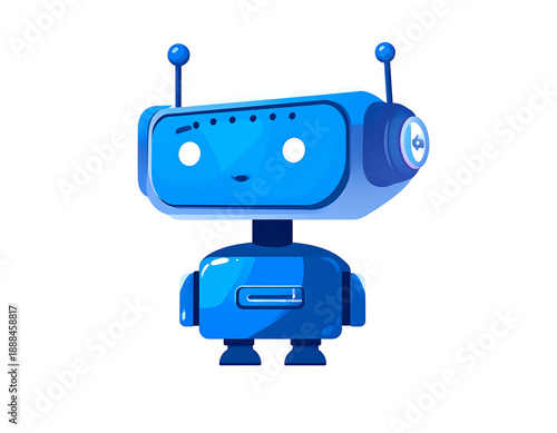 A friendly, cartoon-style robot with a blue body, two antennas, and a screen-like face. It has a simple design and is set against a dark background