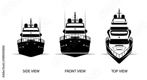 Three Views of a Luxury Yacht Side Front and Top.