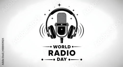 Black and white logo for world radio day with microphone and headphones on isolated white background