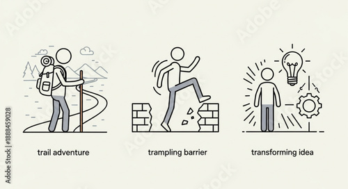 Three simple line art icons representing trail adventure overcoming barriers and transforming ideas.