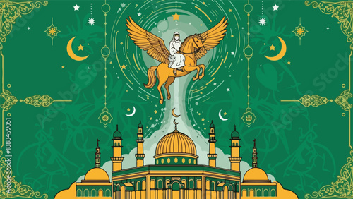Mythical winged horse hovers above mosque
