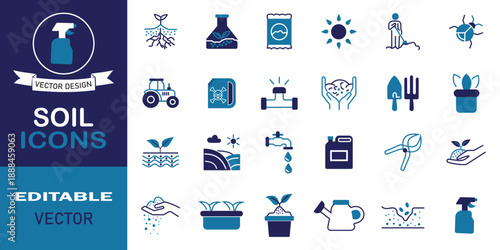 Soil icon set. Set of 24 solid icons related to plant, root, layer, organic, seeds, ground, field and more. Vector illustration.