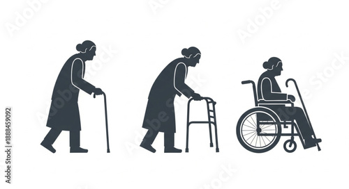Three Silhouettes Depicting Stages of Aging and Mobility Assistance.