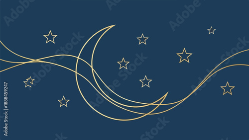 Navy blue background with gold crescent moon and stars design