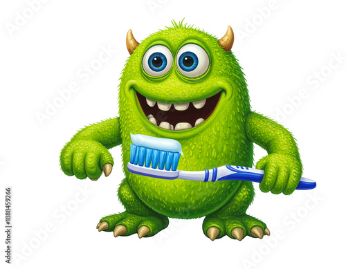 A friendly, furry green creature with horns and big eyes, holds a toothbrush with toothpaste, smiling widely. It's ready to brush its teeth