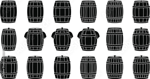 Vector Set of Wooden Barrel Silhouettes in Various Styles Including Wine Casks Beer Kegs and Unique Barrels with Handles