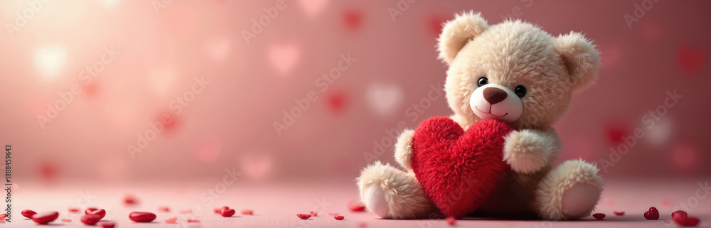 Obraz premium Cute fluffy teddy bear holds big red heart. Soft toy sits on pink background with hearts. Ideal for Valentine greeting cards and romantic themes.