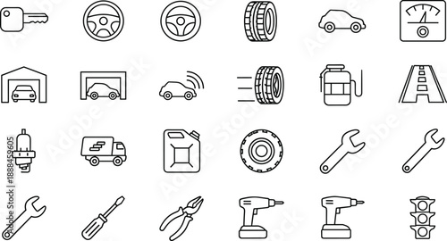 Automotive Service and Transportation Line Icons Set Featuring Car Repair Tools, Vehicle Parts, Garage Storage, and Road Maintenance.