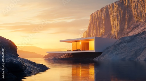 Modern house on lake cliffside at sunset illuminated by golden light