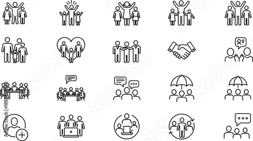 Social Community and Family Line Icons Set Featuring Happy People, Group Meetings, Teamwork Support, Insurance Protection, and Human Connection Symbols.