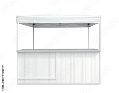 A frontal perspective of a white stall with a peaked roof, countertop, and a solid-paneled front. The backdrop is black