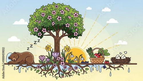 Fruitful Tree with Roots and Baskets during Sunny Day