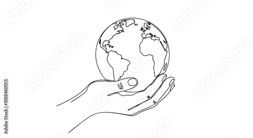Minimalist Continuous Line Art of a Hand Supporting the Earth Globe