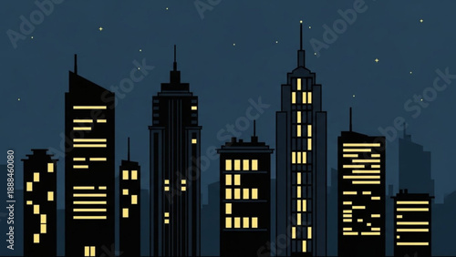 City Skyline at Night with Illuminated Skyscrapers and Stars
