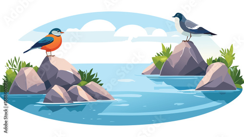 Sea birds around the rocks bird spot vector illustration