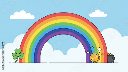 Rainbow with Pot of Gold and Shamrock on Cloudy Sky Background