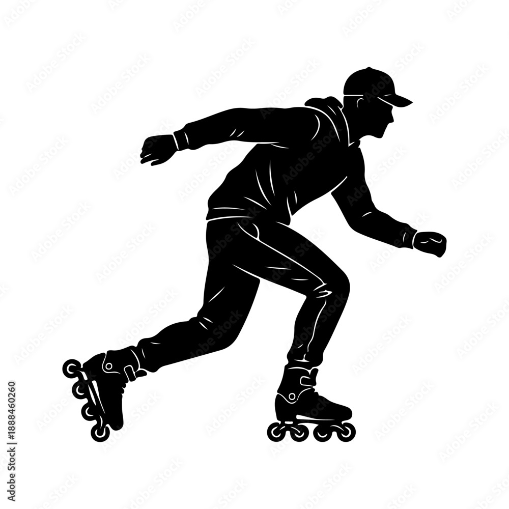 Naklejka premium A dynamic black silhouette of a person roller skating in motion.