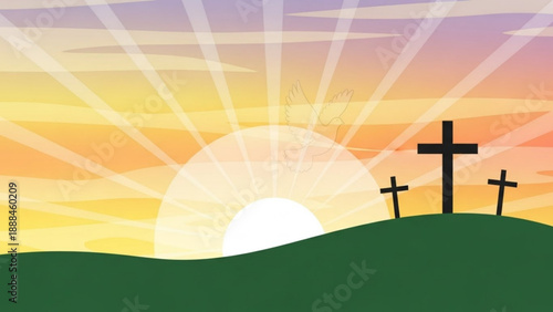 Three Crosses on Hill at Sunset, Symbolizing Easter and Resurrection